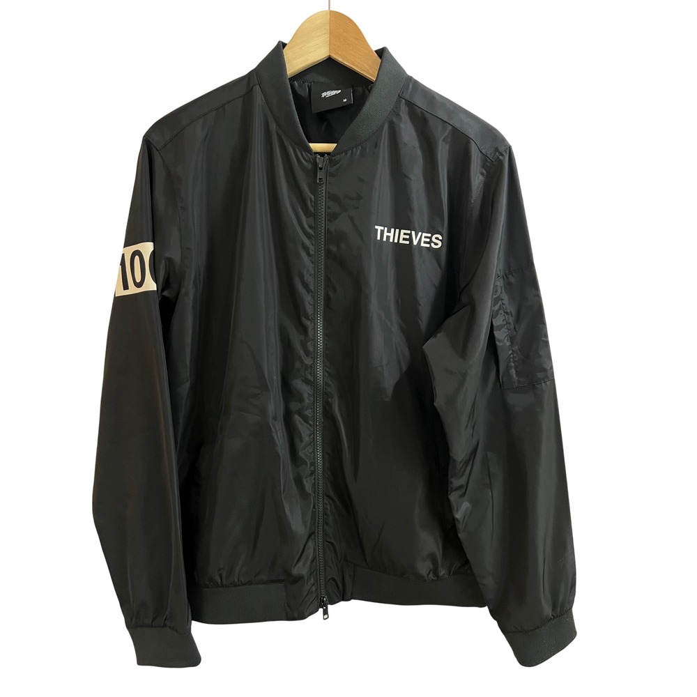 100 Thieves Bomber Jacket Mens Medium Black Numbers Graphic Full Zip